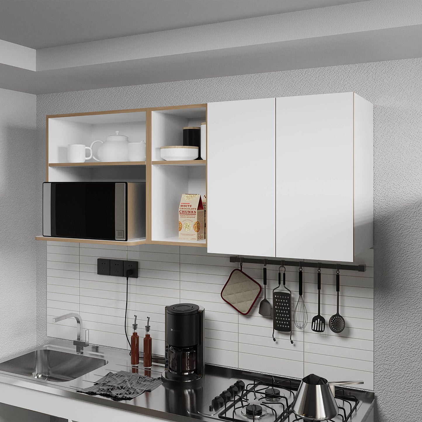 Wall-Mounted Kitchen Cabinet with Microwave Space, Open Shelves, and Double Doors – Natural Oak and White