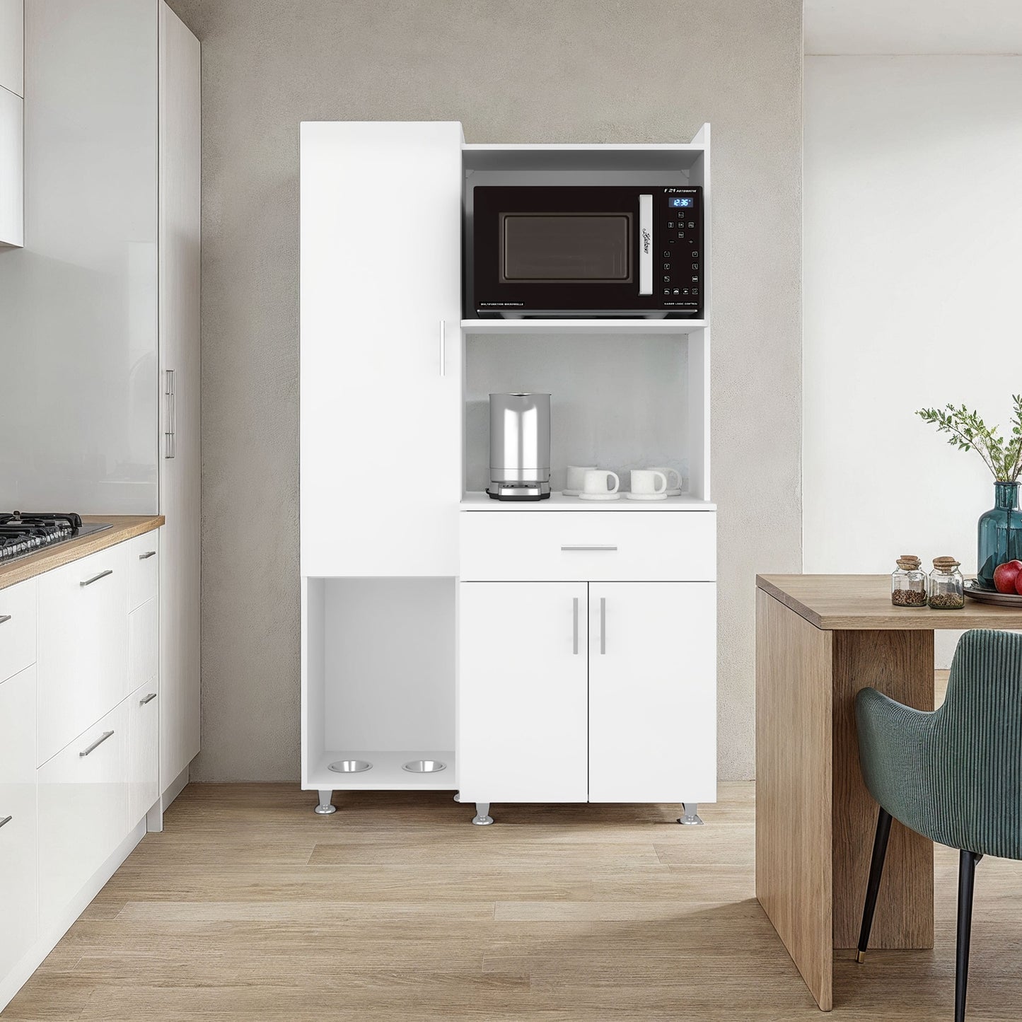 Regrets Kitchen Storage Cabinet with Microwave Shelf, Drawer, and Open Compartments, White