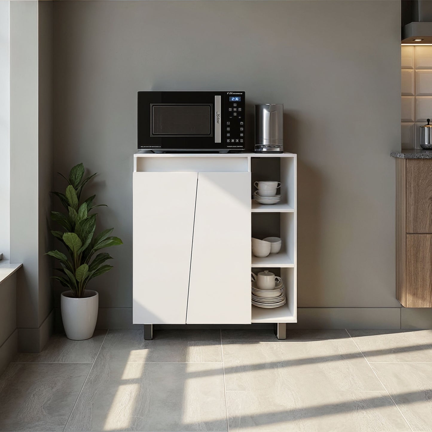 Way Kitchen Storage Cabinet with Microwave Shelf and Side Open Shelves, White