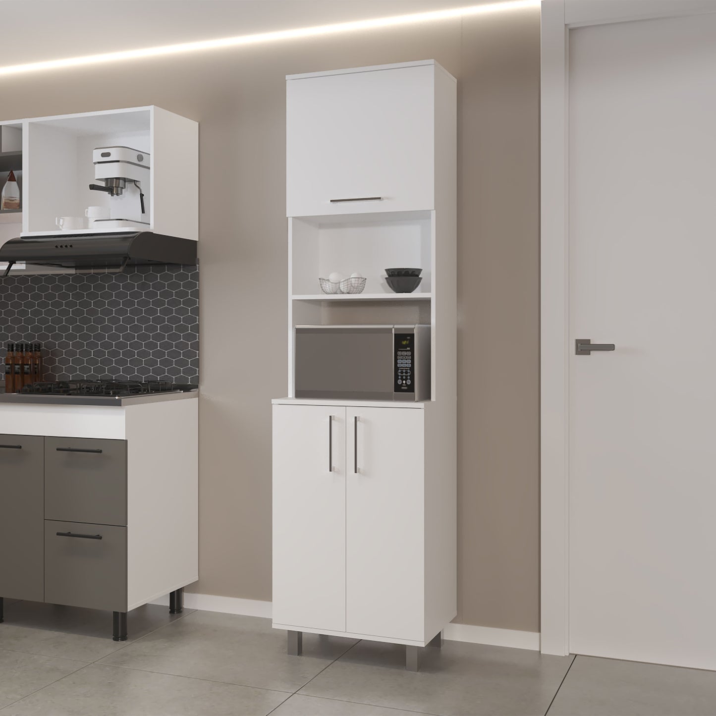 Kayenta Kitchen Pantry with 2 Pneumatic Door, Open Storage, and Bottom Cabinet, White.