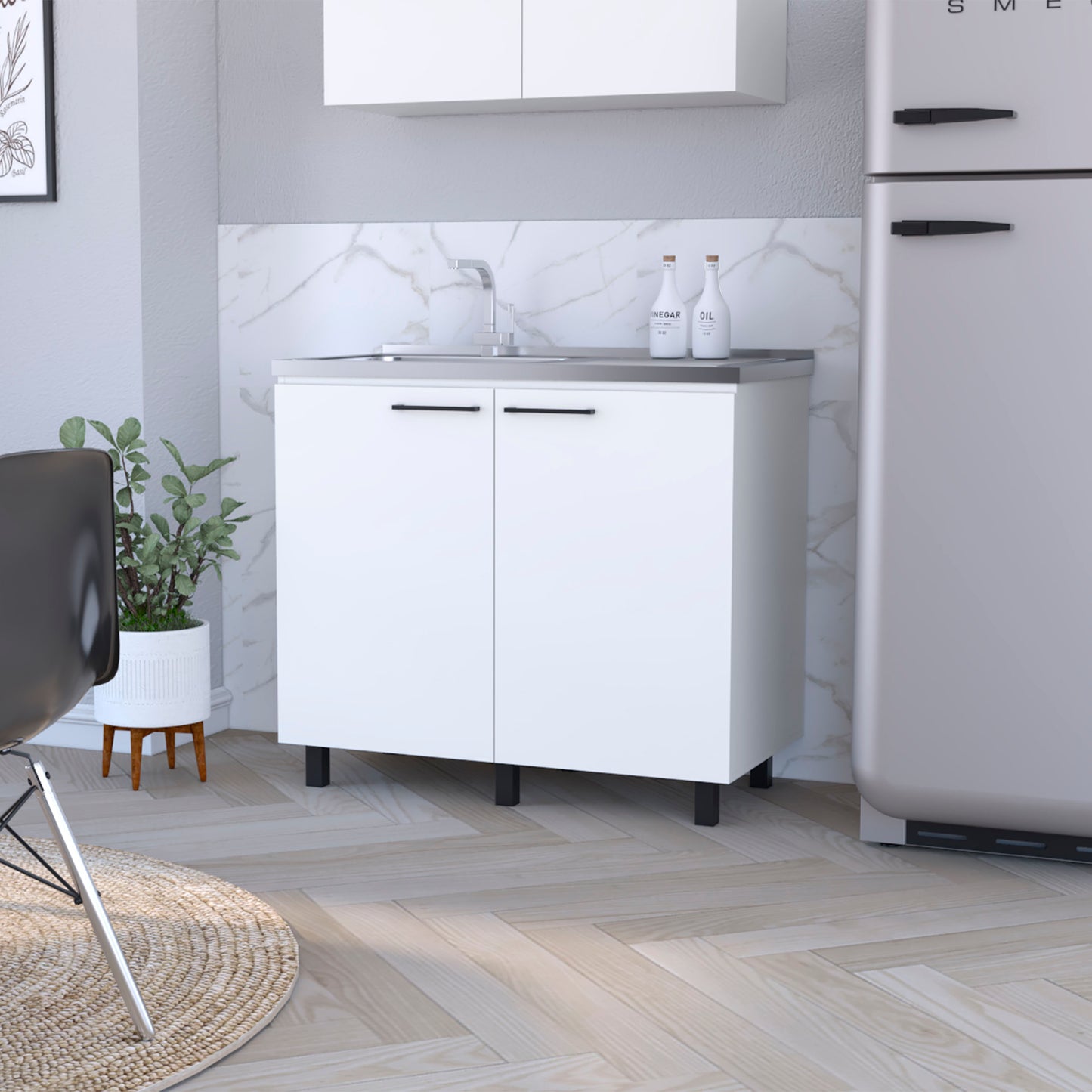 Oklahoma 2 Utility Sink & Cabinet, Interior Shelf, Stainless Steel Countertop