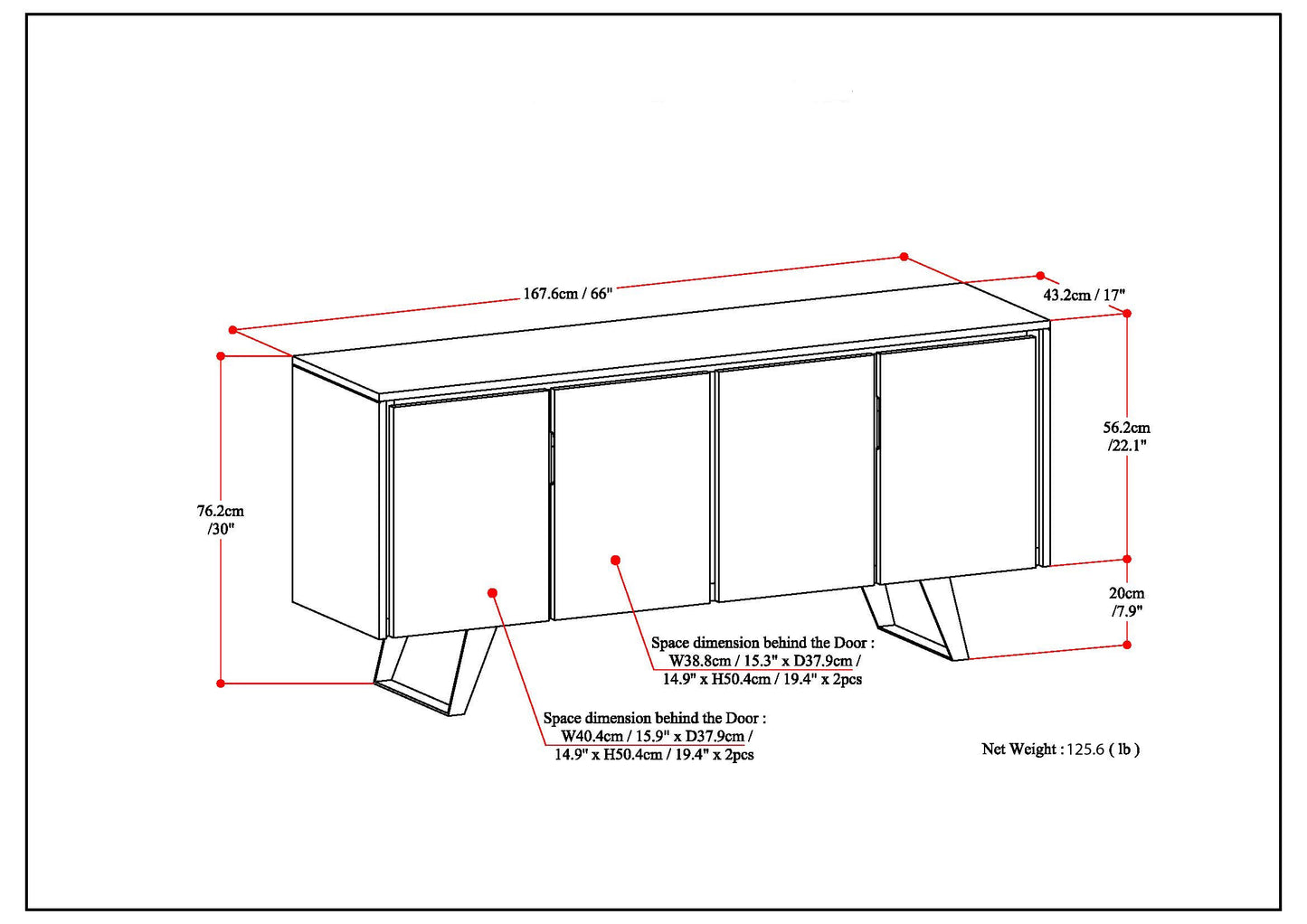 Large 4 Door Sideboard Buffet - Dark Brown Wood