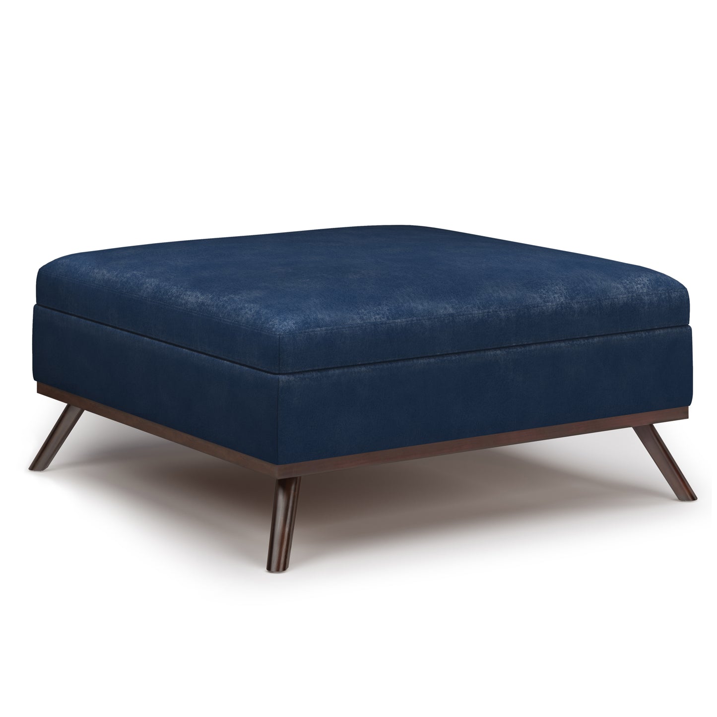 Owen 36 inch Wide Square Coffee Table Storage Ottoman in Distressed Dark Blue Vegan Leather