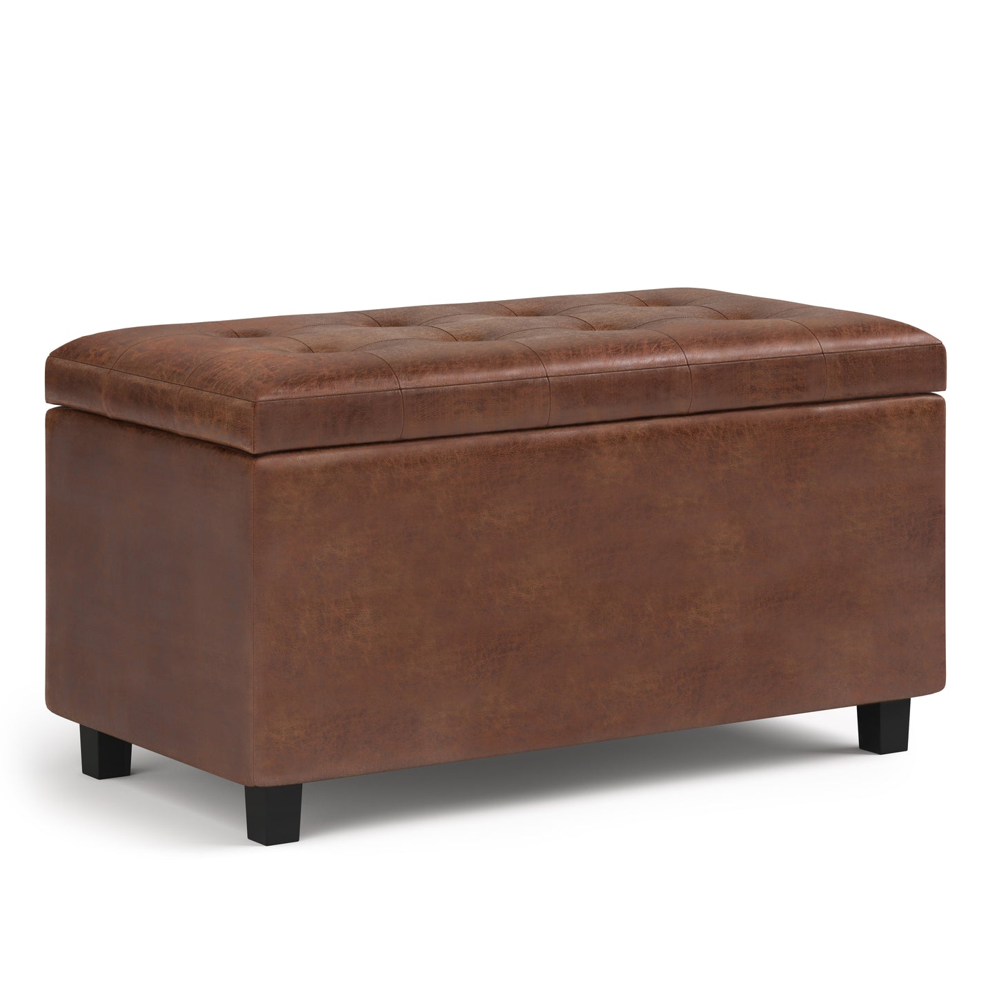 Cosmopolitan 34 inch Wide Storage Ottoman in Distressed Saddle Brown Vegan Leather