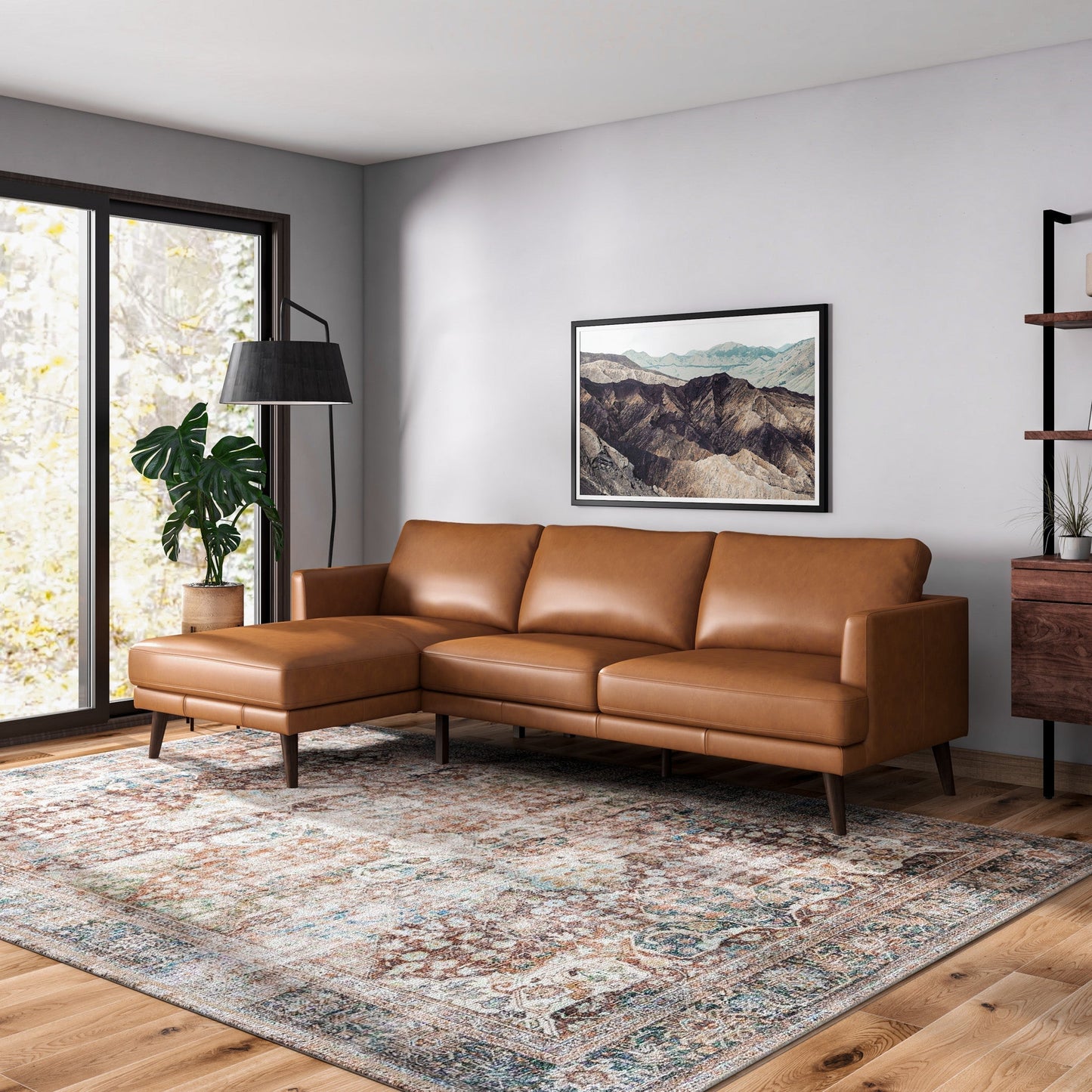 Tan Leather 4 Seat Sectional Sofa - Mid Century Modern for Living Room