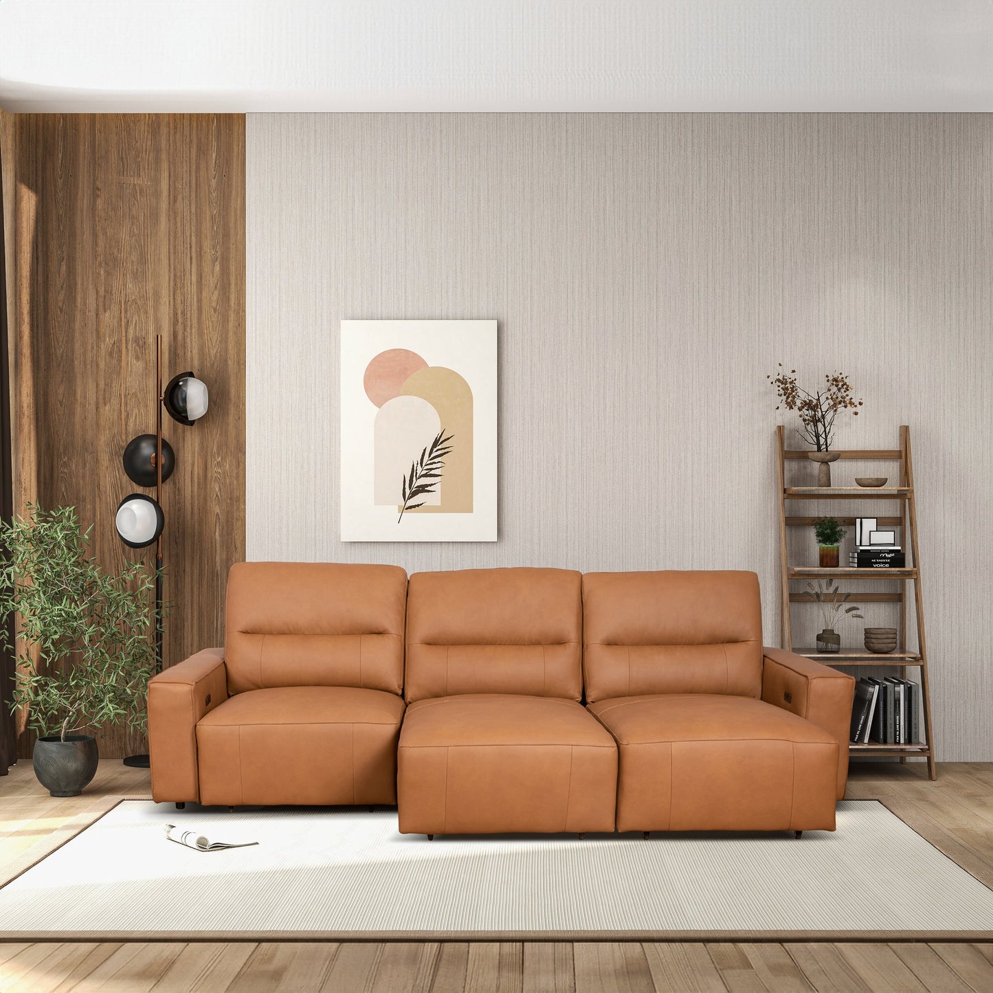 3 Seat Cognac Leather Convertible Sofa Bed for Living Room
