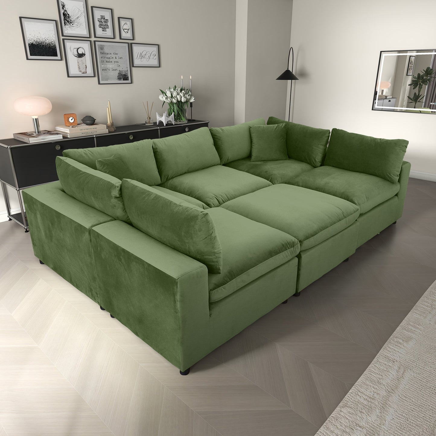 6 Seat Olive Green Velvet Sectional Sofa - Modular Design