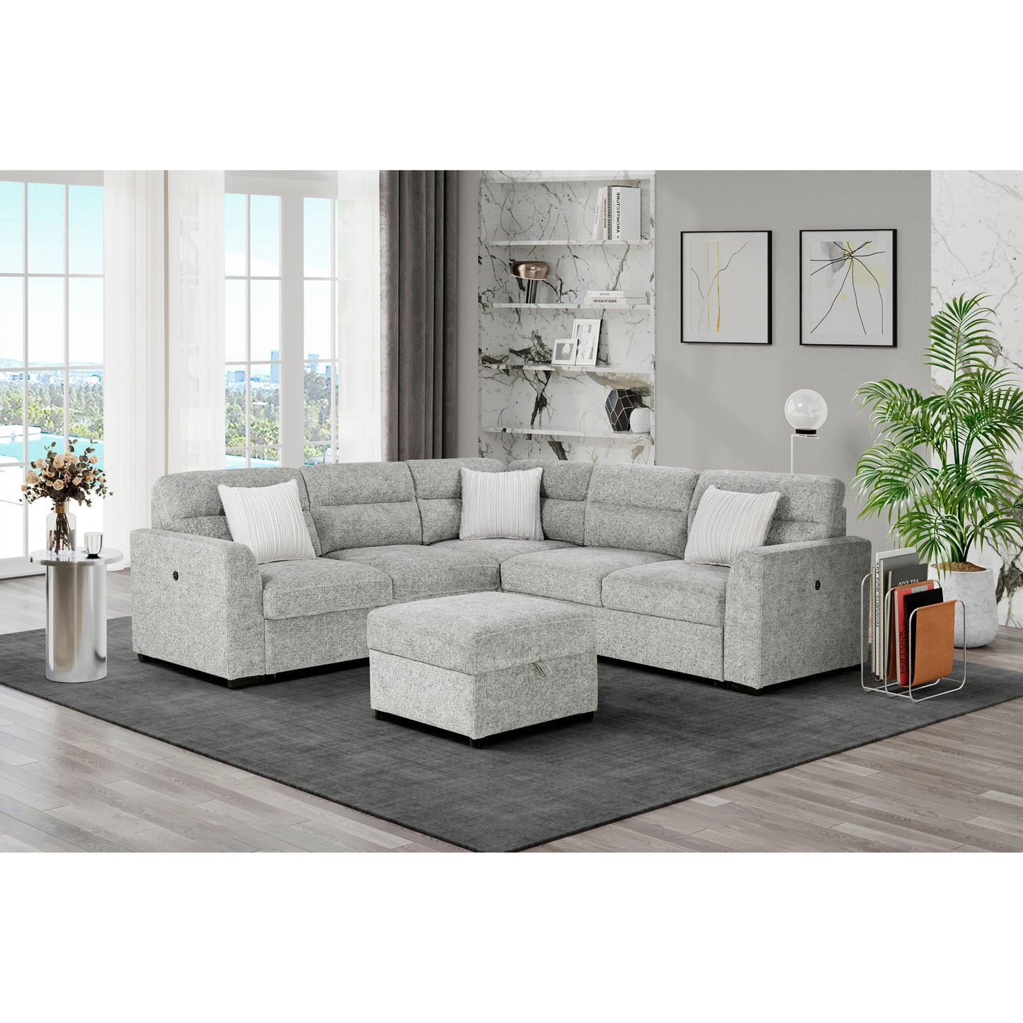 Emiliano Nickel Sectional with 3 Pillows and Storage Ottoman