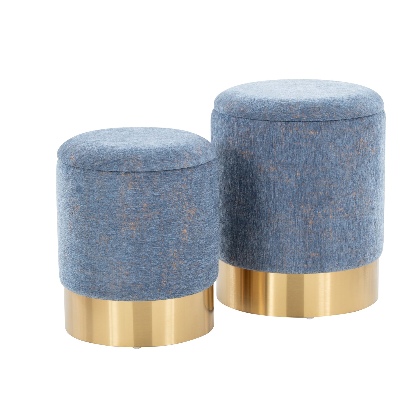Contemporary Nesting Ottoman Set in Gold Metal and Blue Fabric