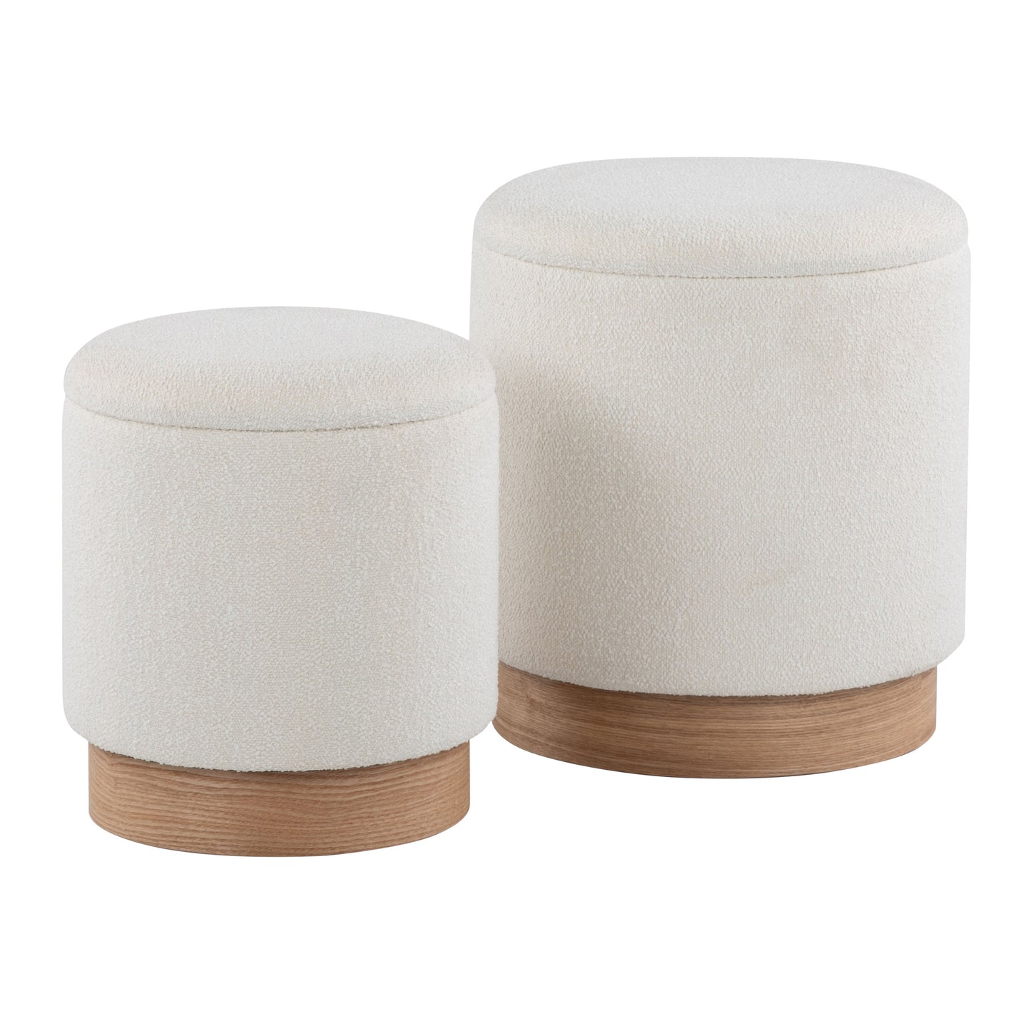 Contemporary Nesting Ottoman Set in Natural Wood and Cream Fabric