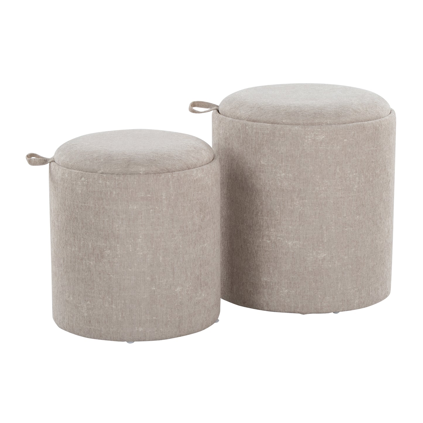 Contemporary Nesting Ottoman Set in Light Brown Fabric and Natural Wood