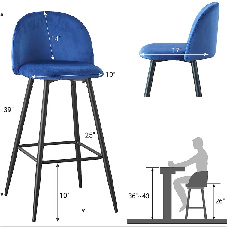 Living Room Blue Velvet Bar Stools Set of 2, Counter Height Bar Chairs with Metal