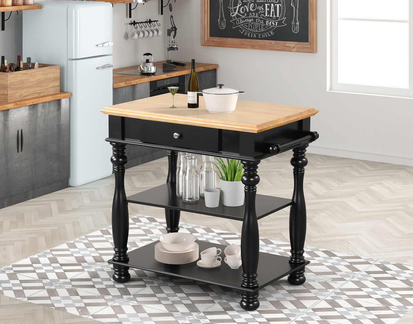 Black Kitchen Island - Solid Wood MDF Storage Cart