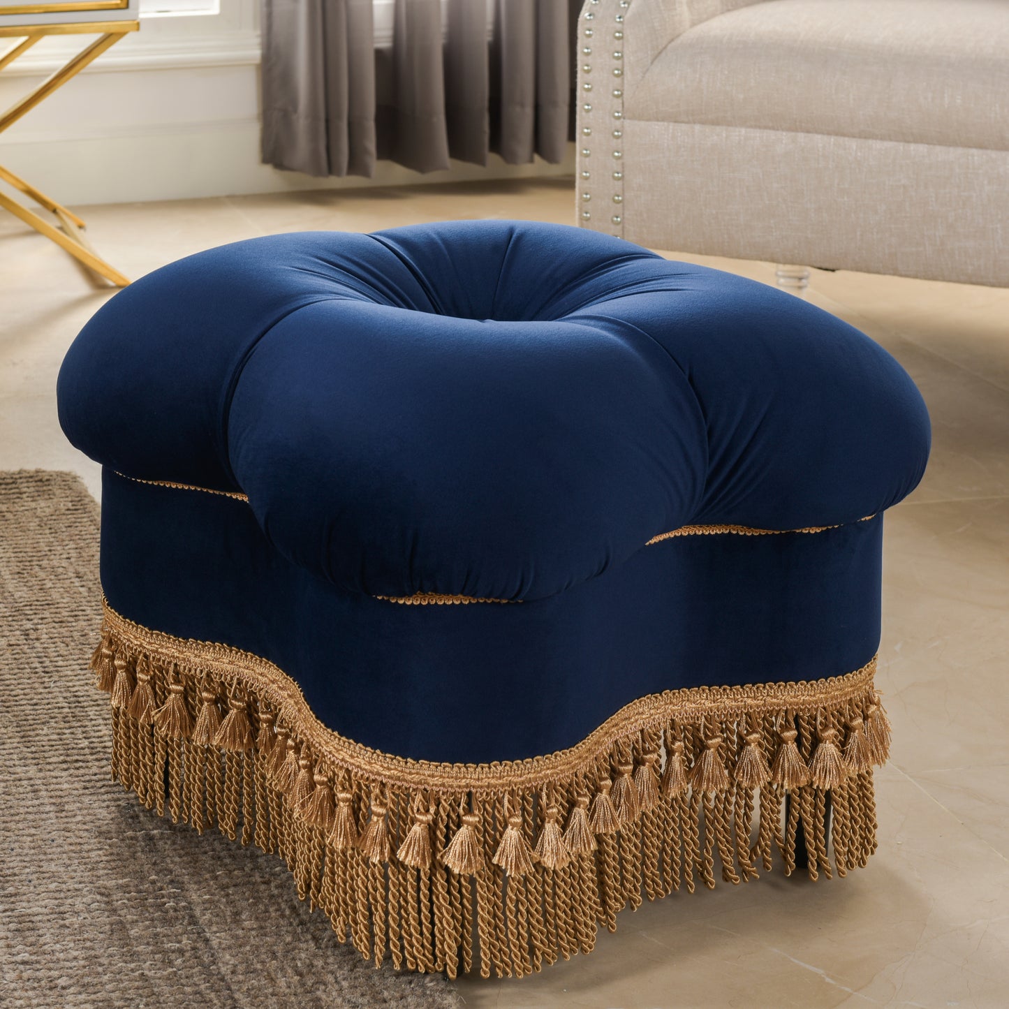 Ellen Upholstered Clover Ottoman with Gold Bullion Fringe, Navy Blue Velvet