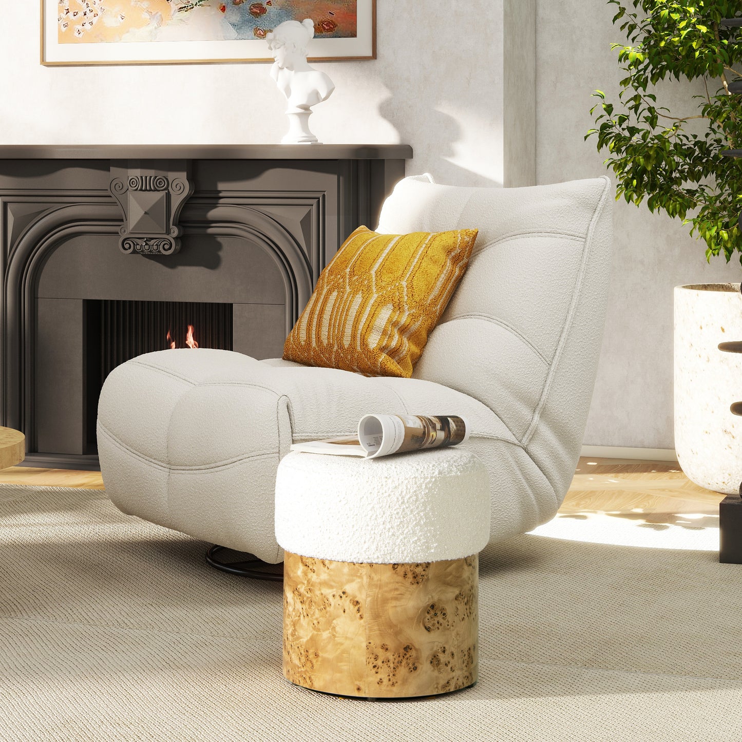 Nebula Round Burl Wood Upholstered Ottoman, Ivory White Boucle