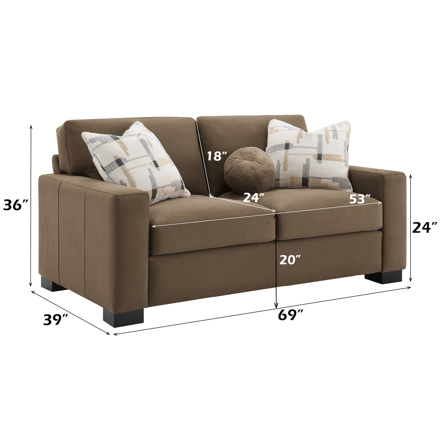 Brown Suede Loveseat with 3 Pillows - 39" x 69" for Living Room