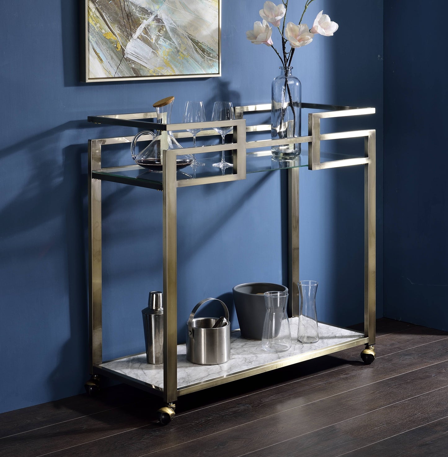 Neilo Clear Glass, Faux Marble Top & Wire Brass Finish Serving Cart