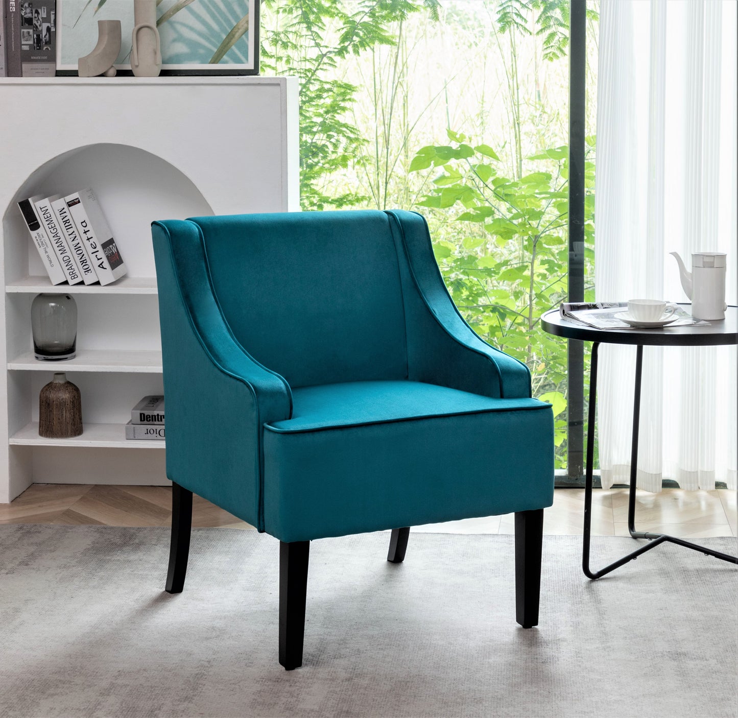 Versatile Upholstered Side Chair, Solid Wood Frame with Recessed Arms, Tapered Front Legs and Flared Back Legs, Foam & Sinuous Springs Cushioned Accent Chair for Entryway Bedroom Dining Room