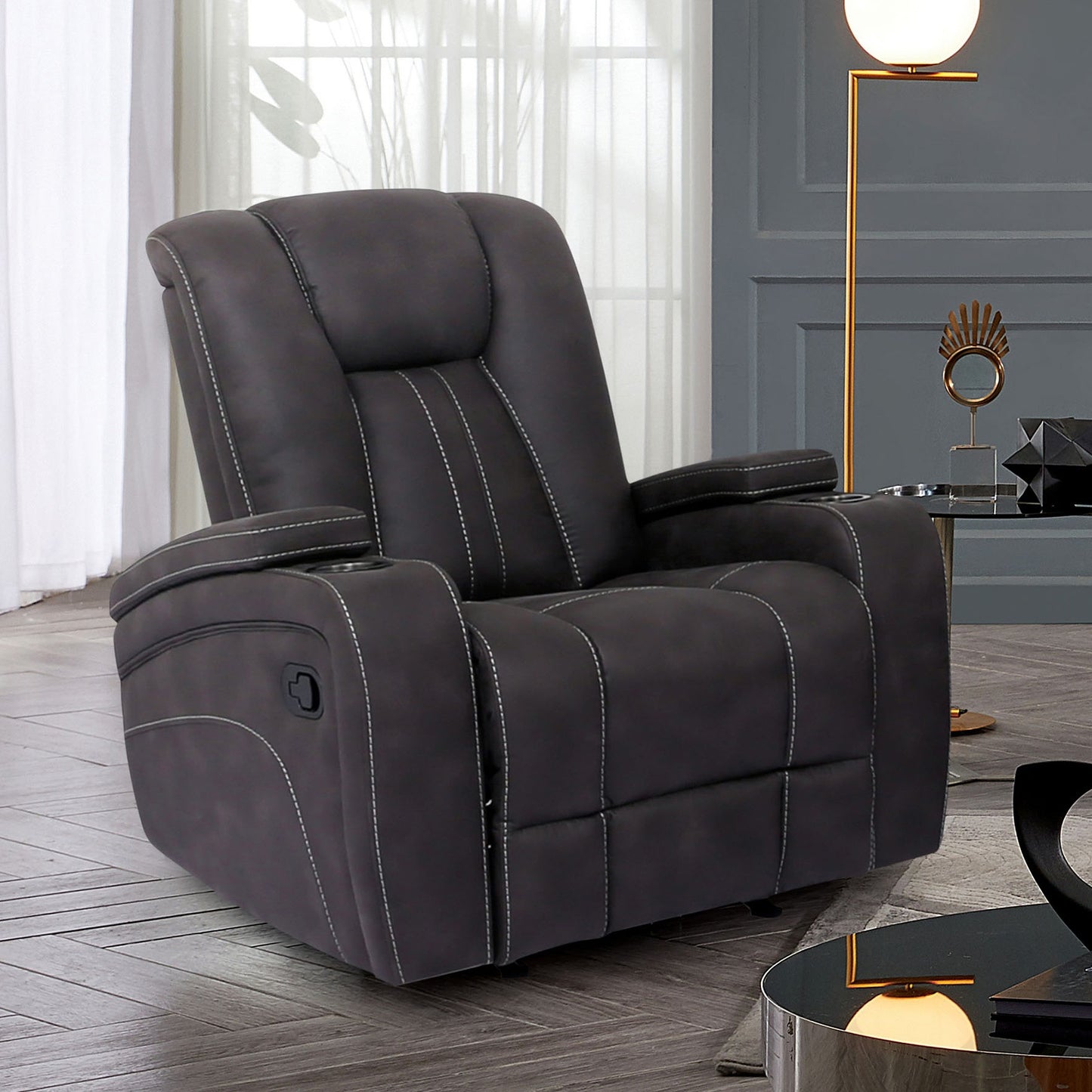 Transitional Style Glider Recliner Channel Back And Seat Design Cup Holder Lift Up Armrest Dark Gray Finish