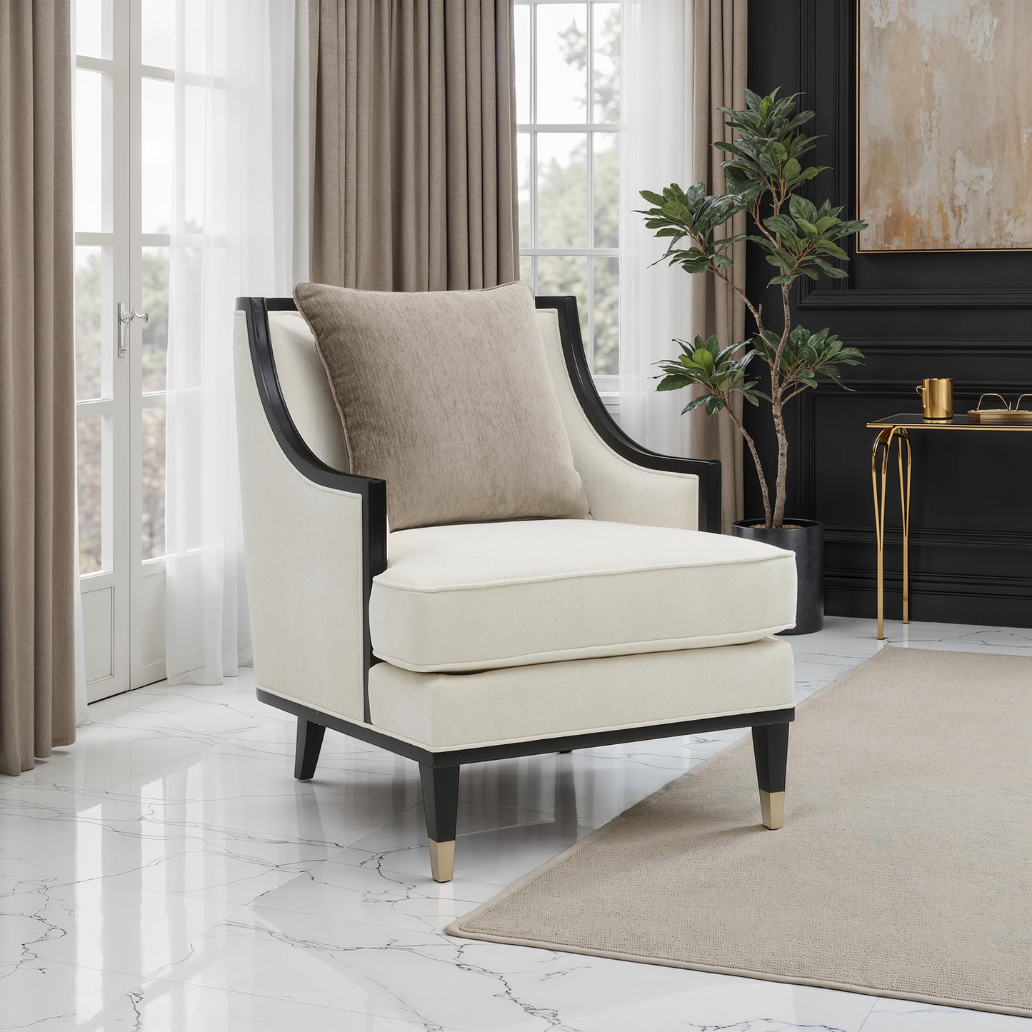 Traditional Style 1pc Chair Curved Arms Half Moon Cut Gold Capped Front Legs White Finish Primary Living Room
