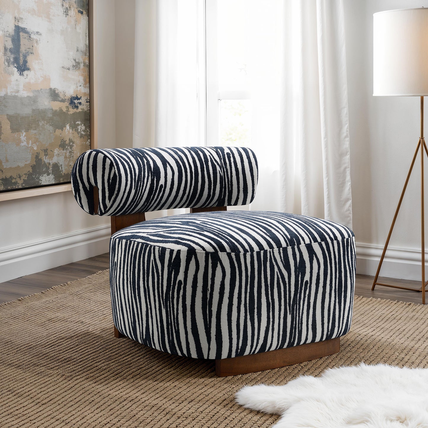 Contemporary Style 1pc Accent Chair Cylindrical Backrest High Density Foam Zebra Strip Fabric Midnight Blue Finish Primary Living Room