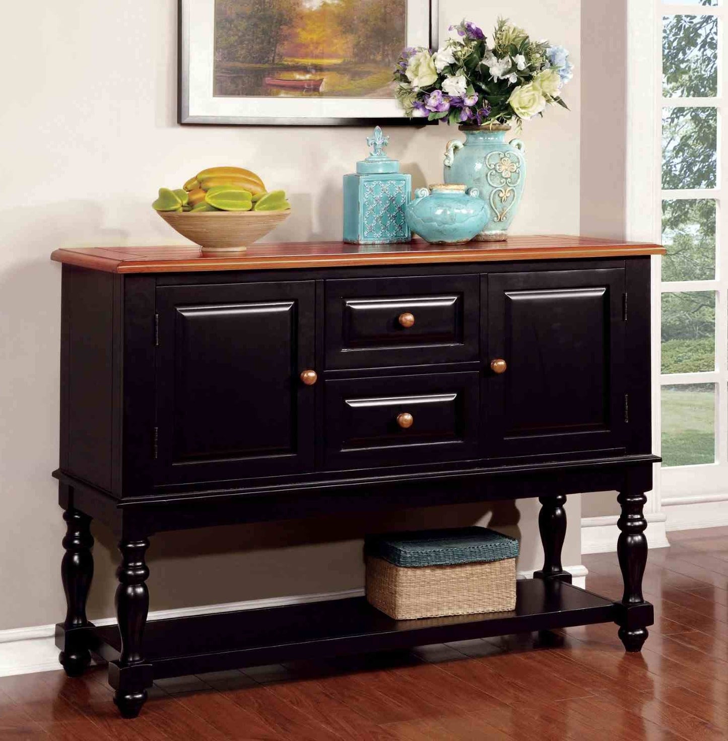 Black And Antique Oak Country Style 1pc Server Solid wood Turned Leg Design Dining Room Furniture