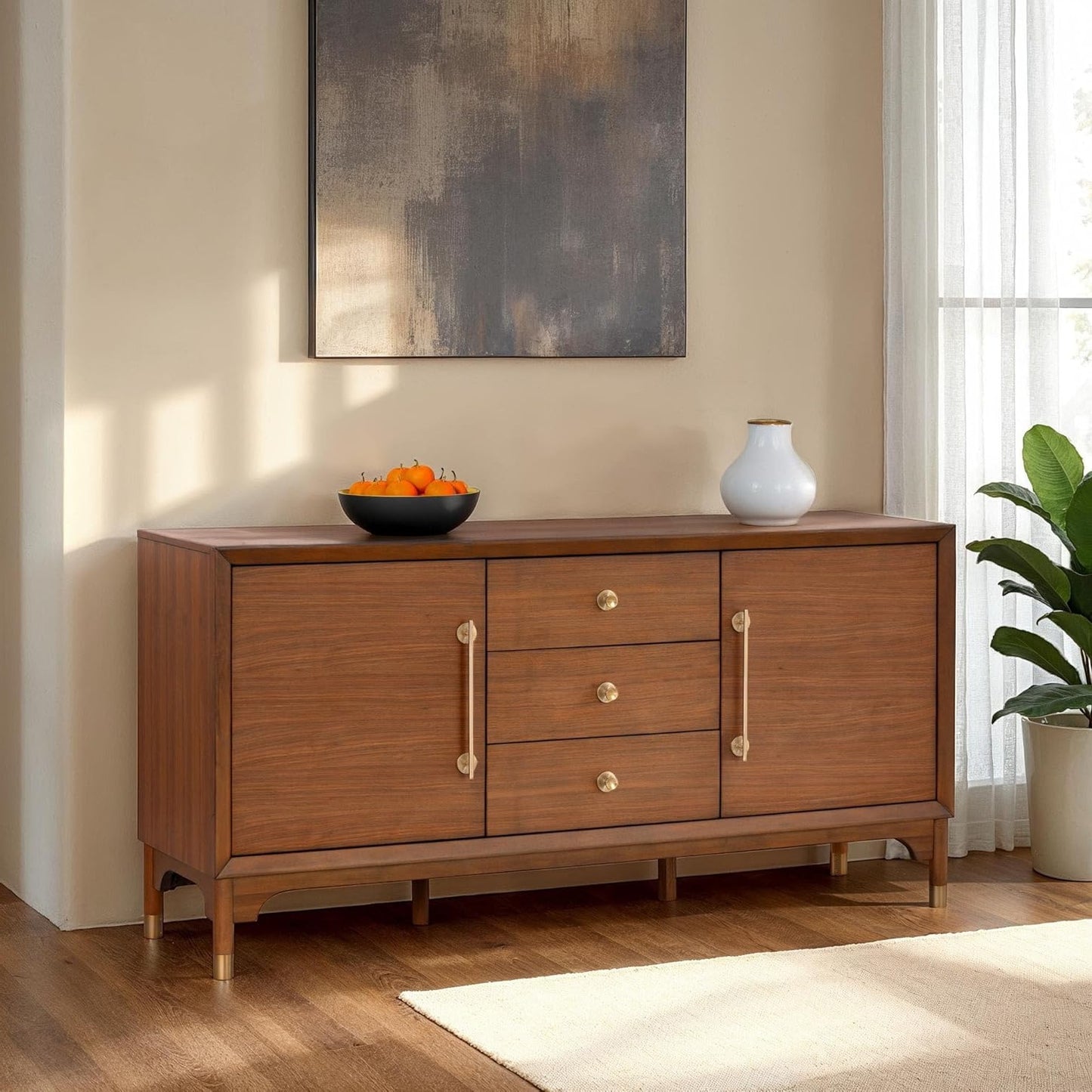 1pc Contemporary Server Walnut Color Rubberwood Gold Metal Handles Dining Room Server Storage
