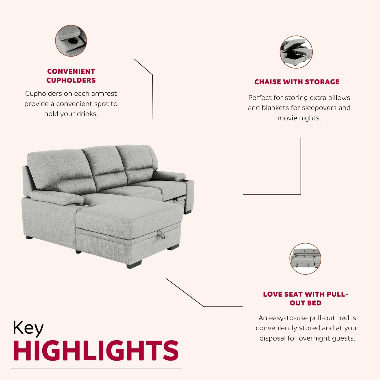 Grey L-Shaped Sectional Sofa Bed with Hidden Storage for Living Room