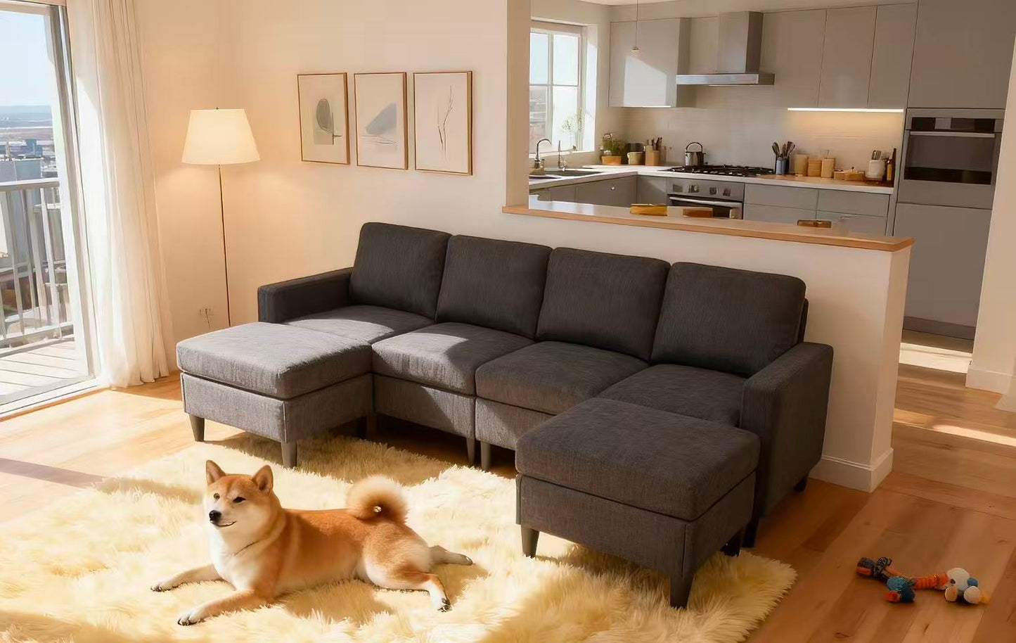 Linen Upholstered Modular Sectional with 2 Ottomans