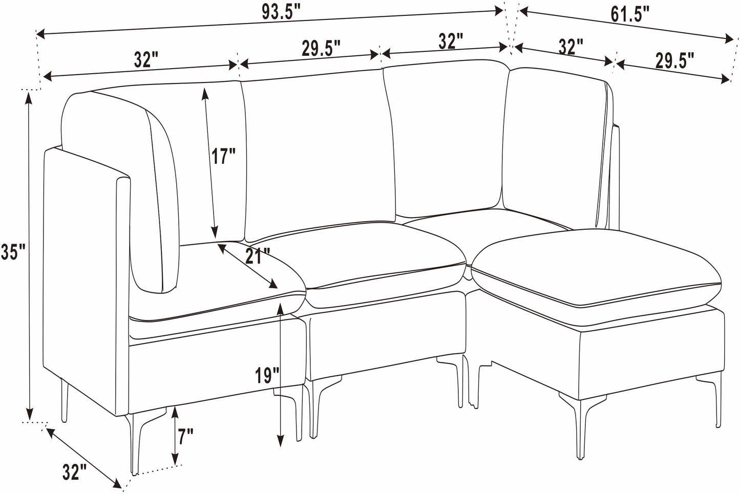 Dark Blue Linen 4 Seat Sectional Sofa