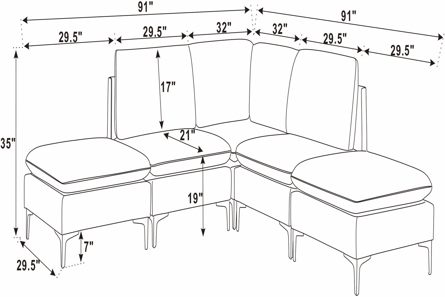 Dark Blue Linen 5 Seat Sectional Sofa for Living Room