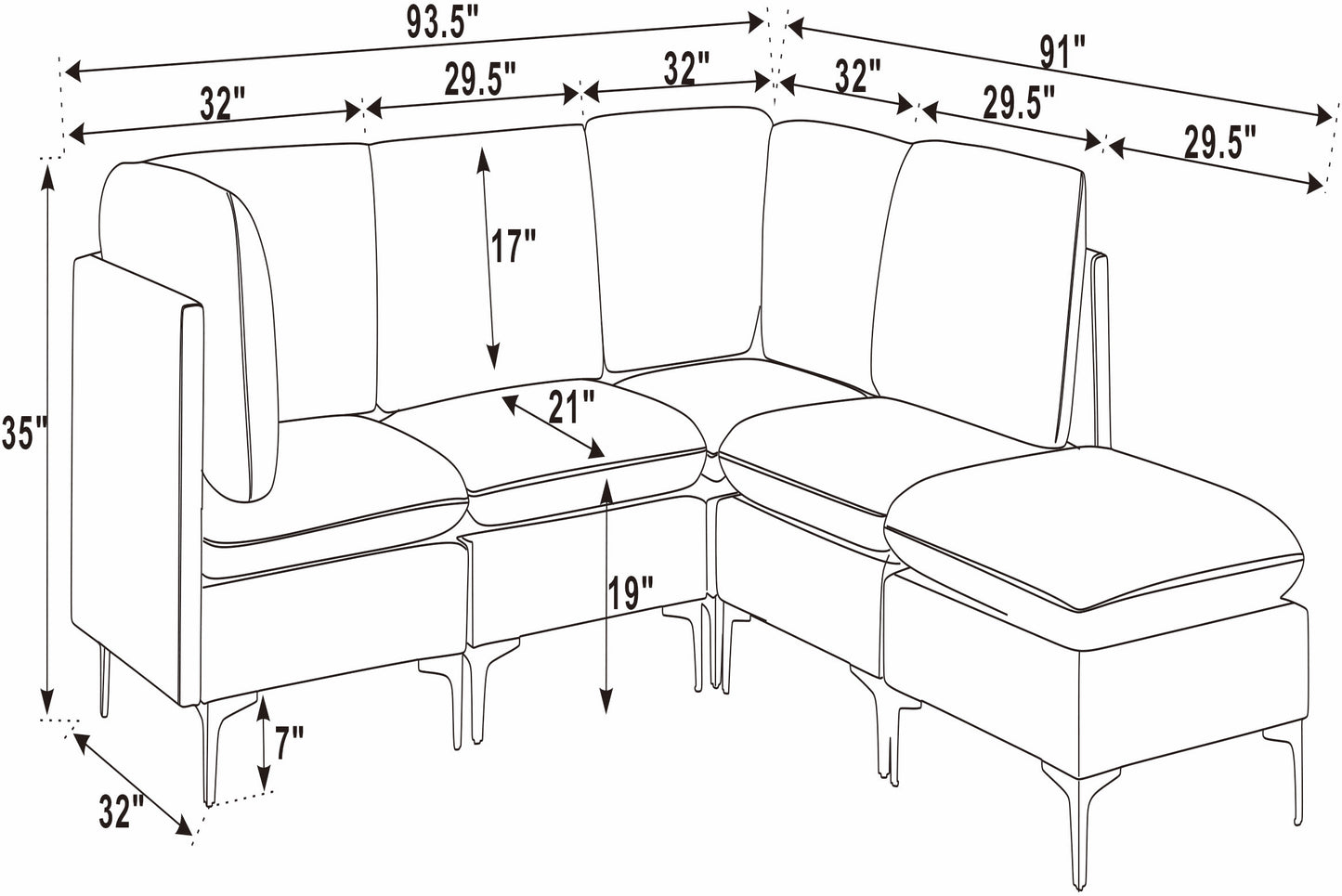 Dark Blue Linen 5 Seat Sectional Sofa for Living Room