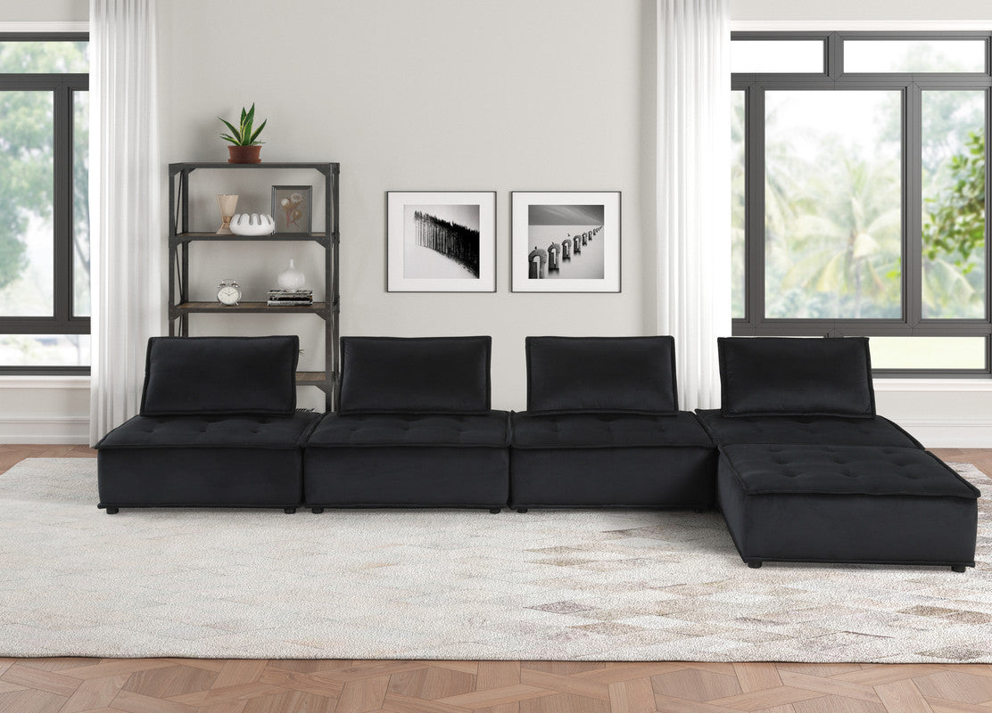 Aveline 160"W Black Velvet 5 Pc Sectional Sofa Ottoman