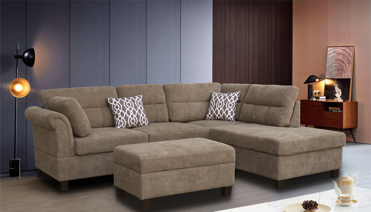 Domenico 103.5"W Brown Fabric Sectional Sofa with Right Facing Chaise, Storage Ottoman, and 2 Accent Pillows