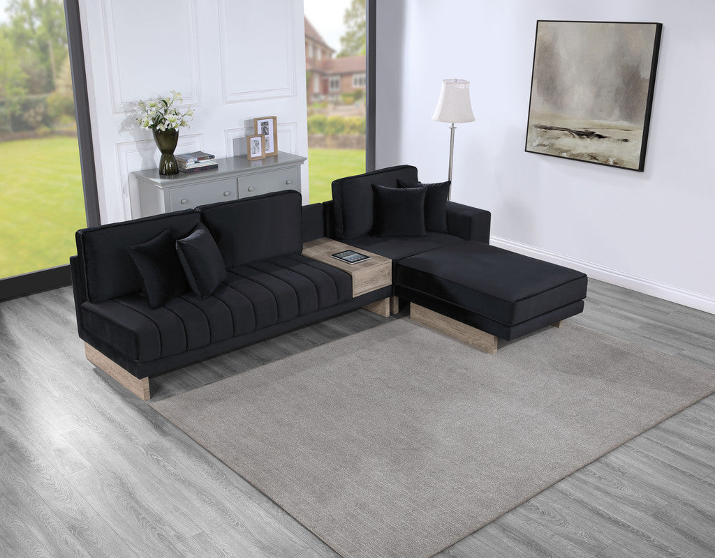 Messina 122.5"W Black Velvet Reversible Sectional Sofa Ottoman with Storage Compartment, Drawer, USB ports, Charging Outlets