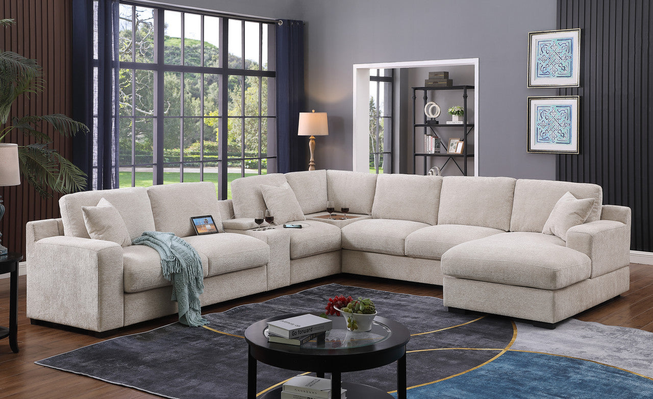 Chiara 141.5"W Beige Chenille Fabric Corner Sectional Sofa with Right-Facing Chaise, Cupholders, and Charging Ports