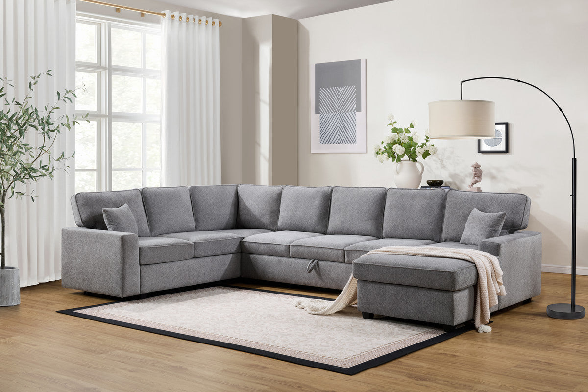Samira 137"W Gray Chenille Sectional Sofa with Right-Facing Chaise, Underseat Storage, Throw Pillows