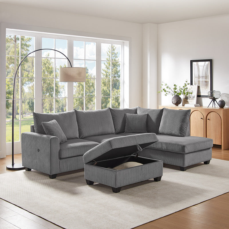 Romano 107"W Dark Gray Corduroy Fabric Sectional Sofa with Right Facing Chaise, USB & USB-C Charging Port, Storage Ottoman, and Pillows
