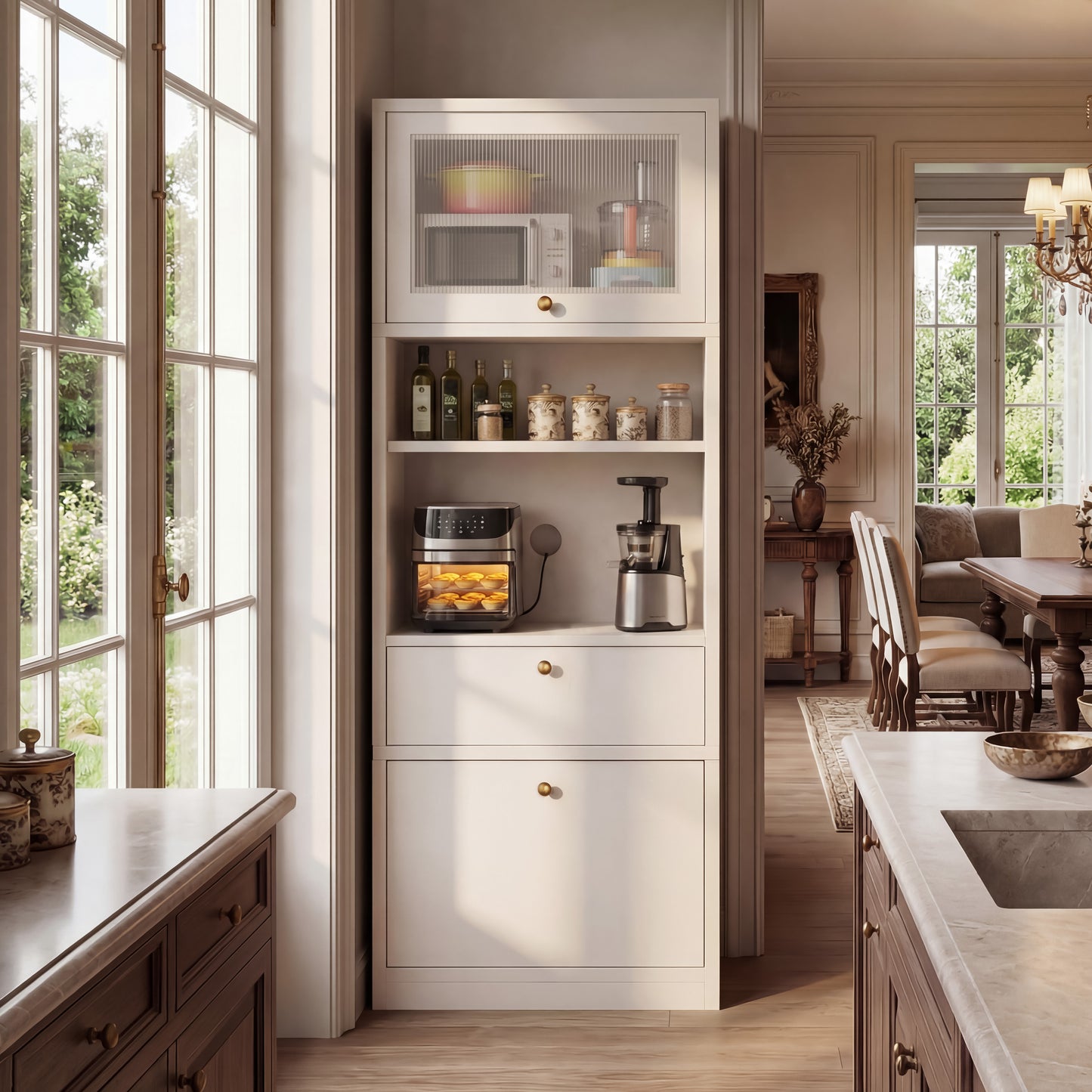 Tall Pantry Cabinet 71 Inch Freestanding Storage Cabinet with Doors and Shelves, Adjustable Shelves, Drawer & Anti-Tip Kit, E1-Grade Wood, Warm White for Kitchen Pantry, Bathroom Storage Cabinet