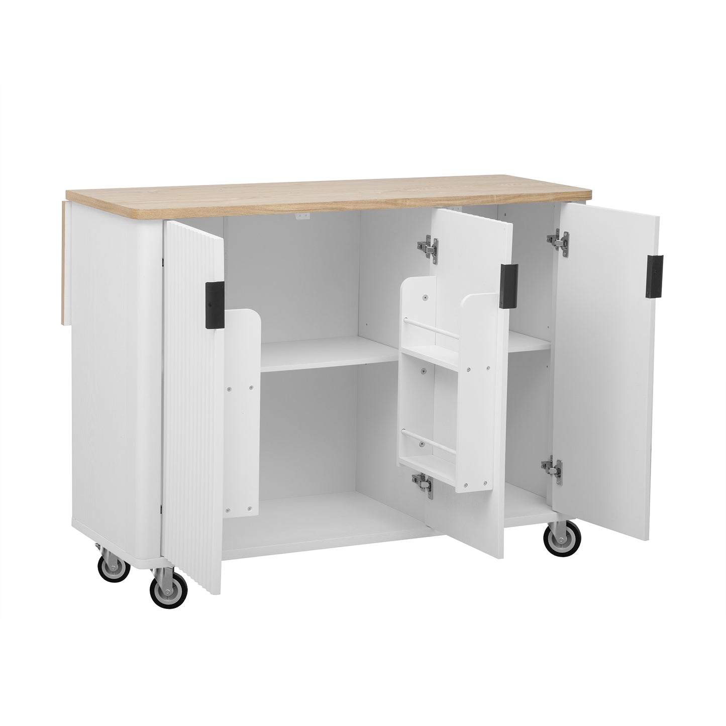 K&K 51" Fluted Kitchen Island - Farmhouse Rolling Cart, White Ash