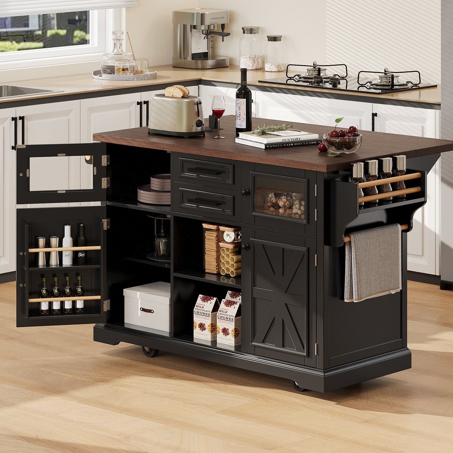K&K 54.9" Kitchen Island with Drop Leaf, Power Outlet, Kitchen Storage Cart with 4 Door Shelves, Cross Barn Doors & Visual Glass Door, Rolling Kitchen Island on 4 Wheels for Kitchen, Dining Room,Black