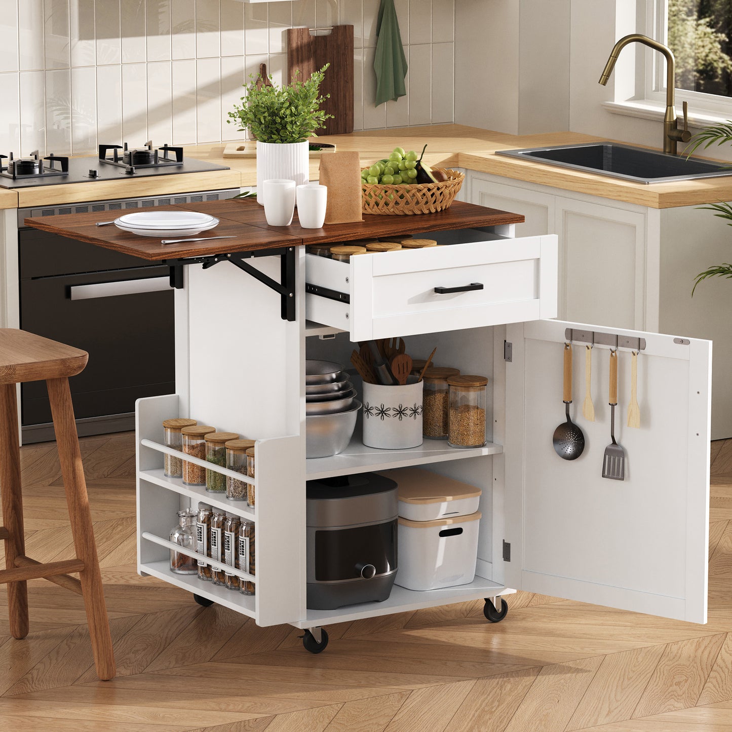 K&K 39.3" Farmhouse Kitchen Island with Drop Leaf, Kitchen Storage Island with Open Side Rack, One Drawer, Towel Rack, Rolling Kitchen Cart with Lockable Wheels for Lawn Garden, White