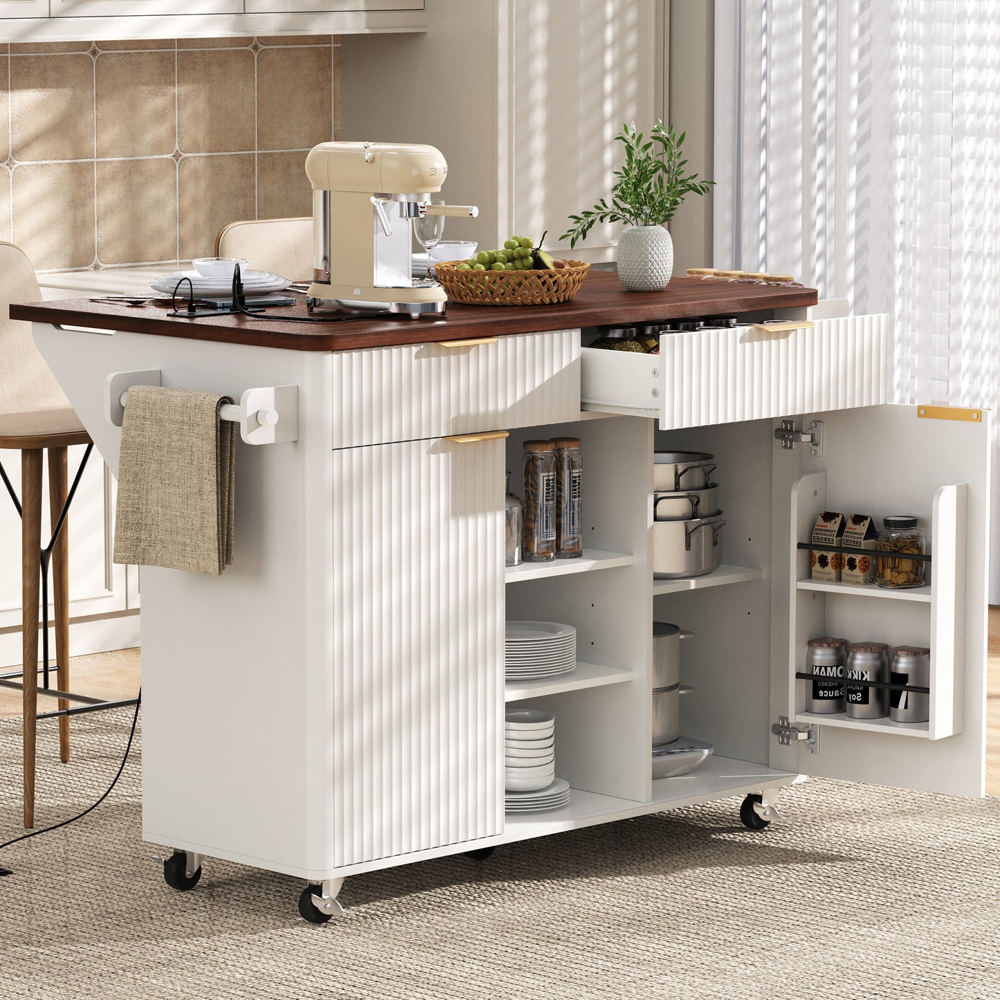 K&K 52" Fluted Kitchen Island with Drop Leaf, Power Outlet, Kitchen Storage Cart with Adjustable Shelves, 2 Doors and 2 Drawers, Rolling Island Table with Walnut Color Top for Kitchen, White