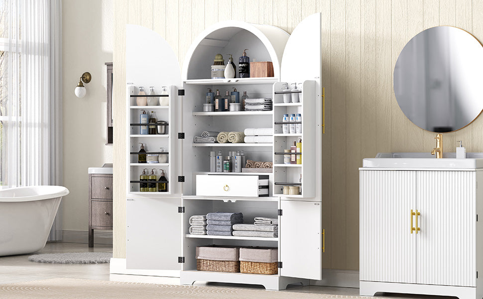 72" White Arched Kitchen Pantry Cabinet - Adjustable Shelves