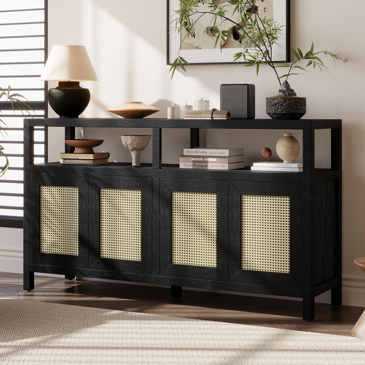 TREXM Bohemian Style Rattan Buffet Storage Cabinet with Solid Wood Frame, Sideboard with 3-position Adjustable Shelves for Living & Dining Rooms, No-Handle Push-to-Open Design (Black)
