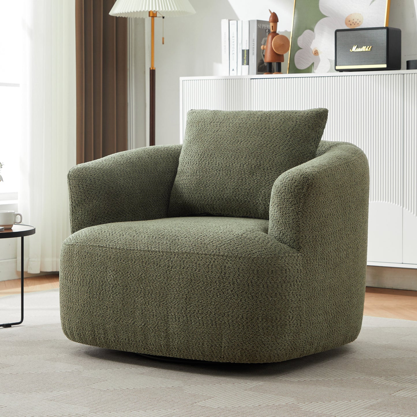 360° Swivel Chair, 38.2" Accent Chair Sofa, Upholstered Swivel Barrel Sofa Chair with a Throw Pillow for Living Room, Bedroom, Office and Hotel, Green