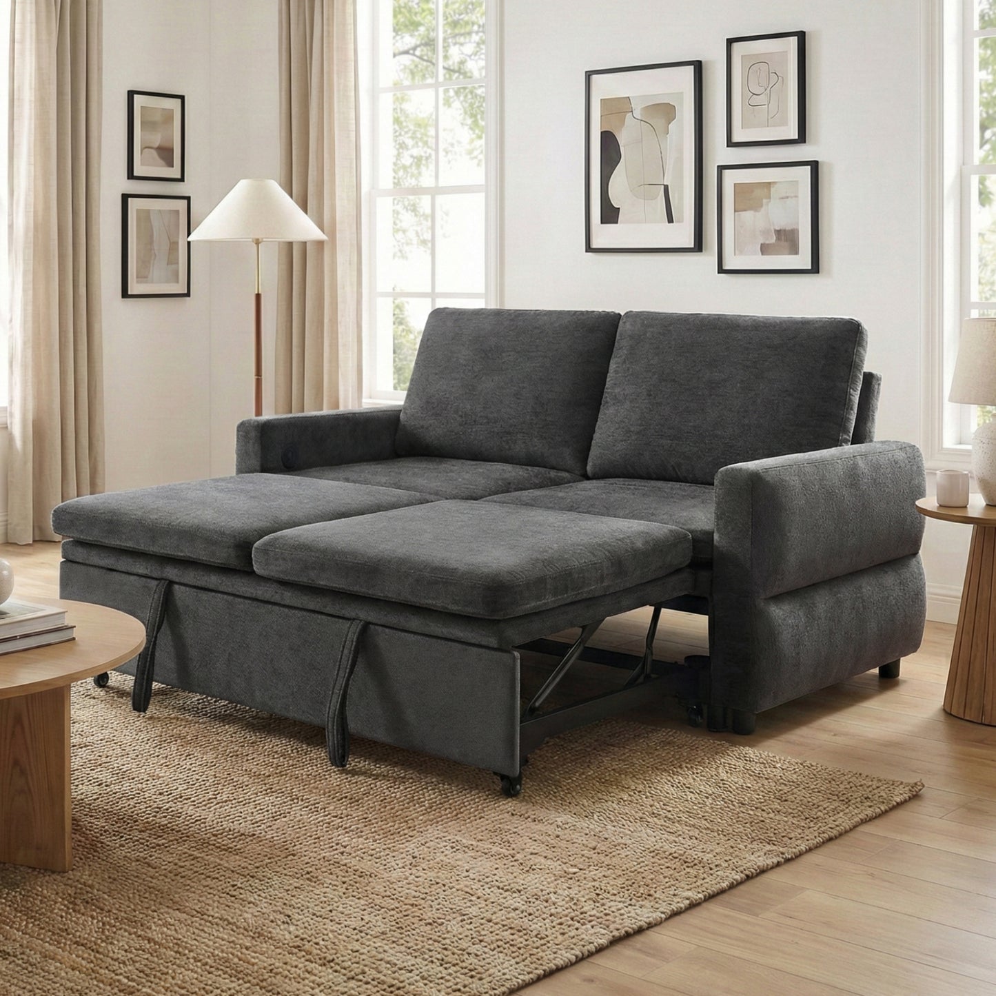 Convertible Sofa Bed 62.75" Sleeper Sofa Loveseat Sofa Couch with Adjustable Backrest and USB Ports for Living Room, Grey
