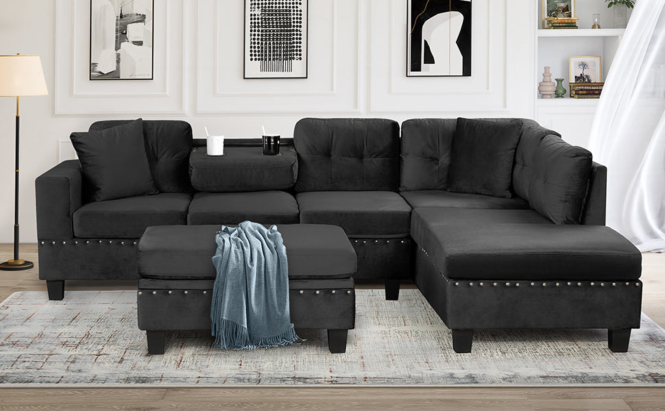 105" Modern Velvet Sectional Sofa with Storage Ottoman - 6 Seat for Living Room