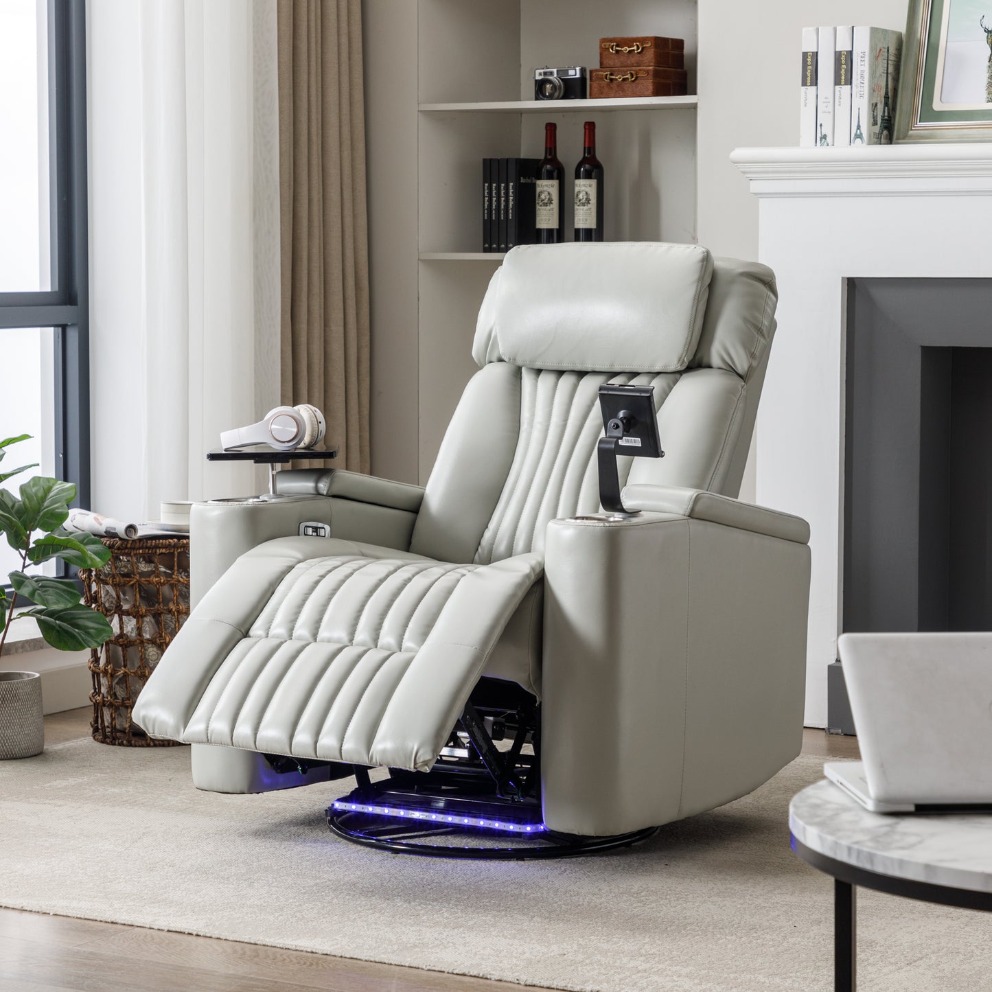 270° Power Swivel Recliner,Home Theater Seating With Hidden Arm Storage and LED Light Strip,Cup Holder,360° Swivel Tray Table,and Cell Phone Holder,Soft Living Room Chair (Old SKU:SG000750AAE),Grey