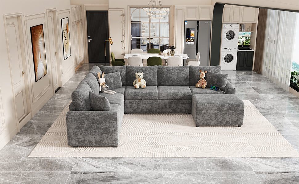 112" Grey Chenille Sectional Sofa Bed with Storage Ottoman